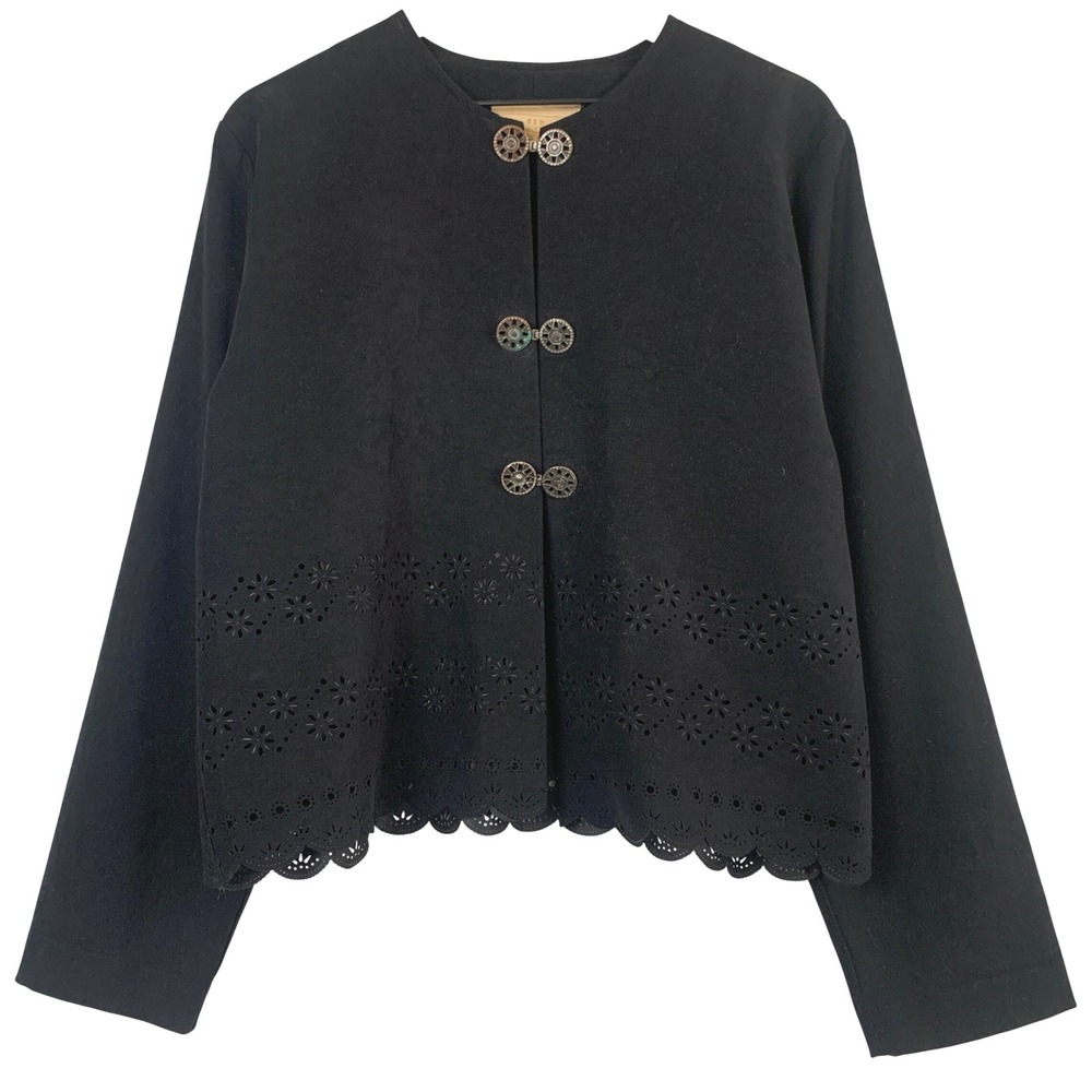 VTG New Frontier Eyelet Faux Suede Jacket Sz XL Black Scalloped Hem Clasp